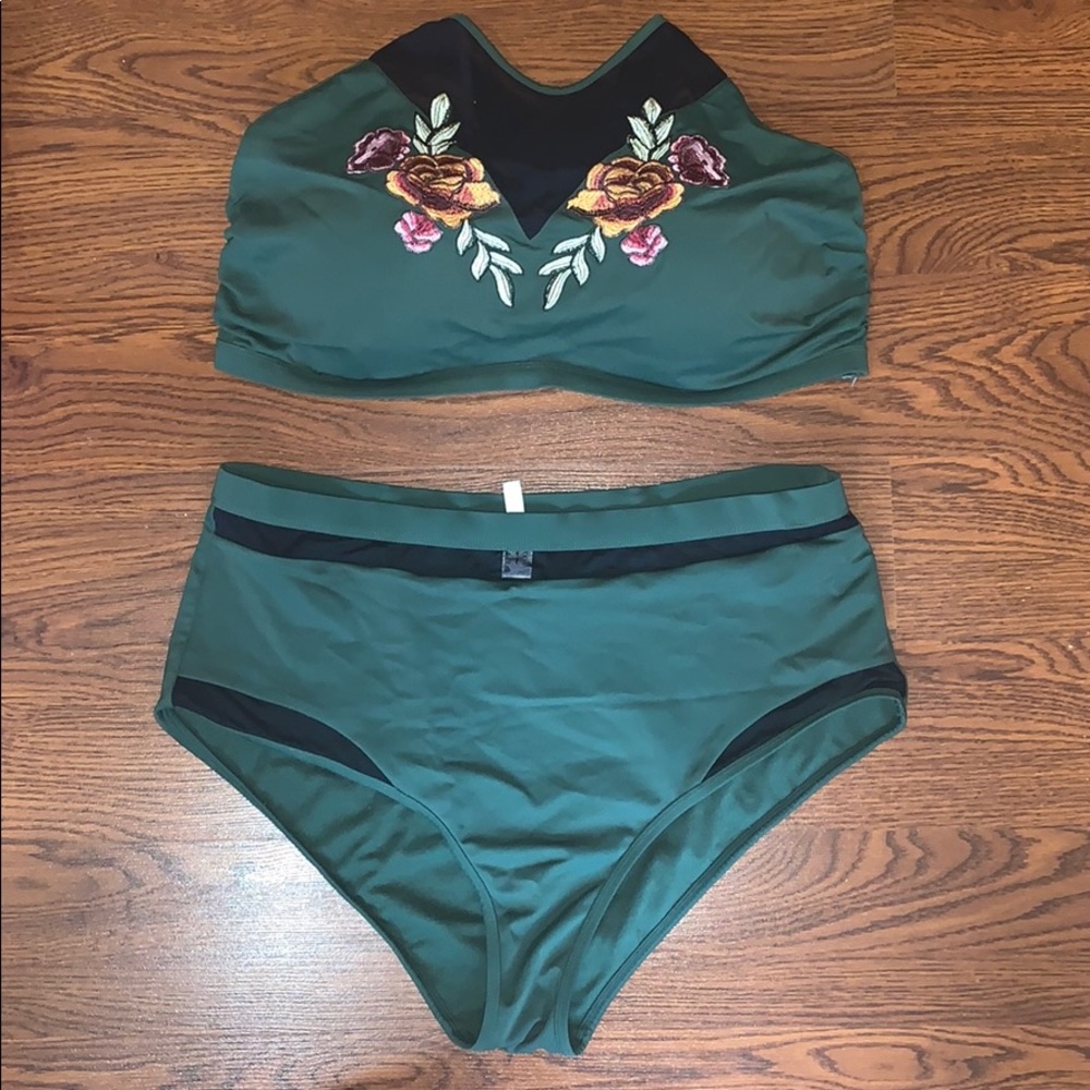 two piece olive green / floral / black mesh swim